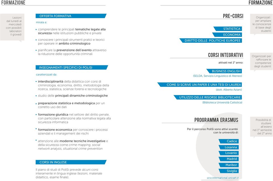 conoscenze di base degli studenti pianificare la prevenzione dell evento attraverso la riduzione delle opportunità criminali INSEGNAMENTI SPECIFICI DI POLISI caratterizzati da: CORSI INTEGRATIVI