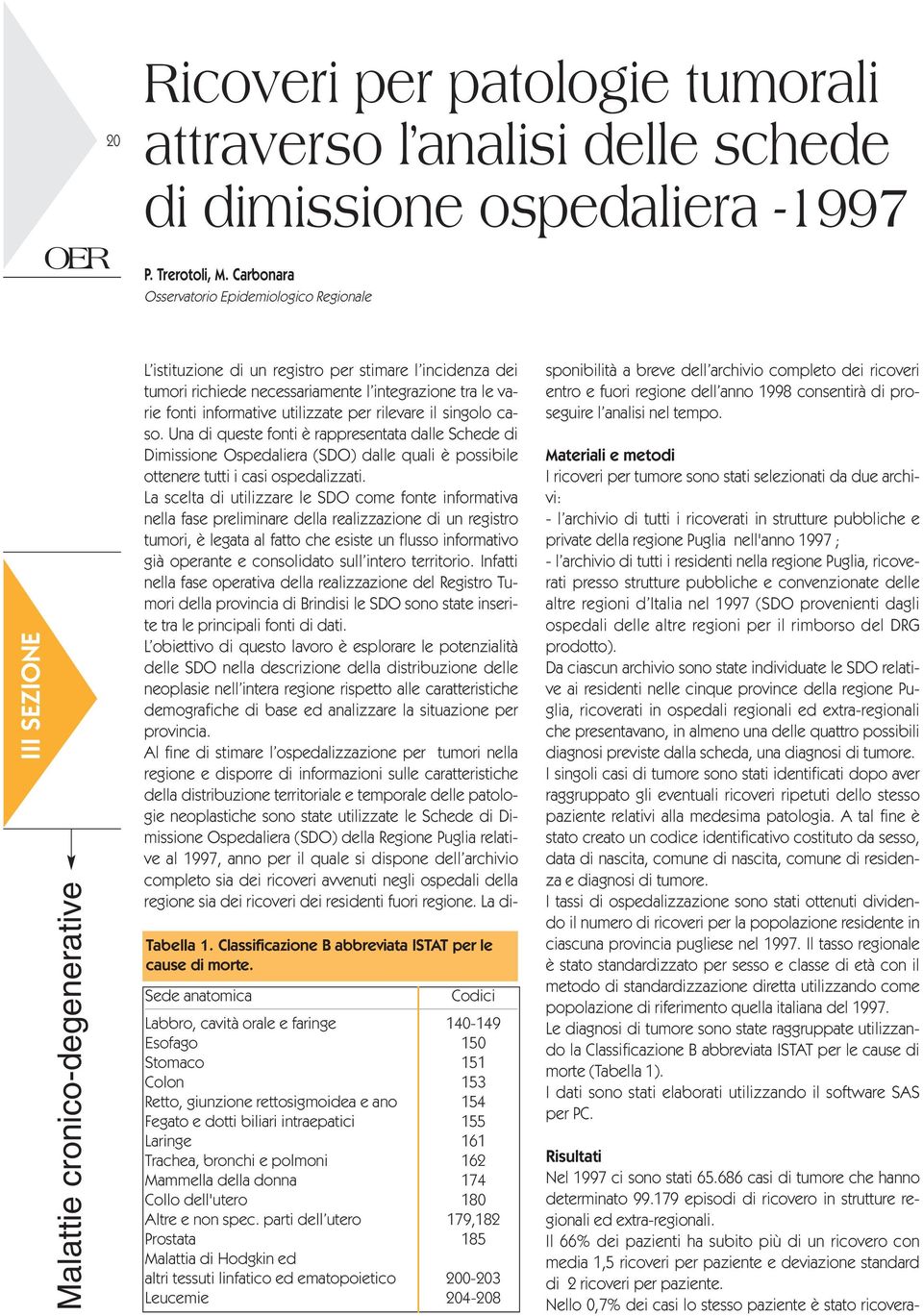 Sede anatomica Codici Labbro, cavità orale e faringe 140-149 Esofago 150 Stomaco 151 Colon 153 Retto, giunzione rettosigmoidea e ano 154 Fegato e dotti biliari intraepatici 155 Laringe 161 Trachea,