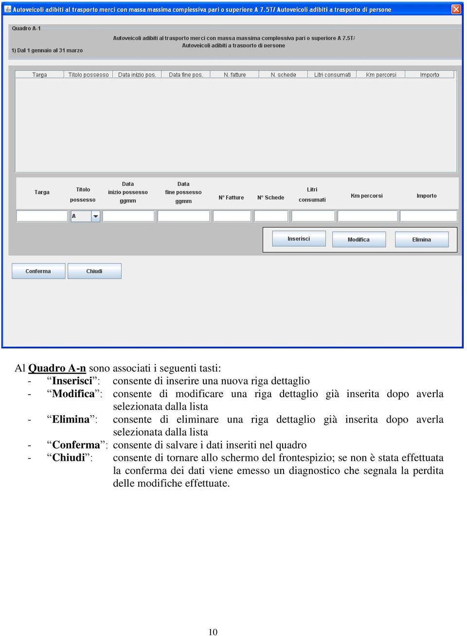 inserita dopo averla selezionata dalla lista - Conferma : consente di salvare i dati inseriti nel quadro - Chiudi : consente di tornare allo