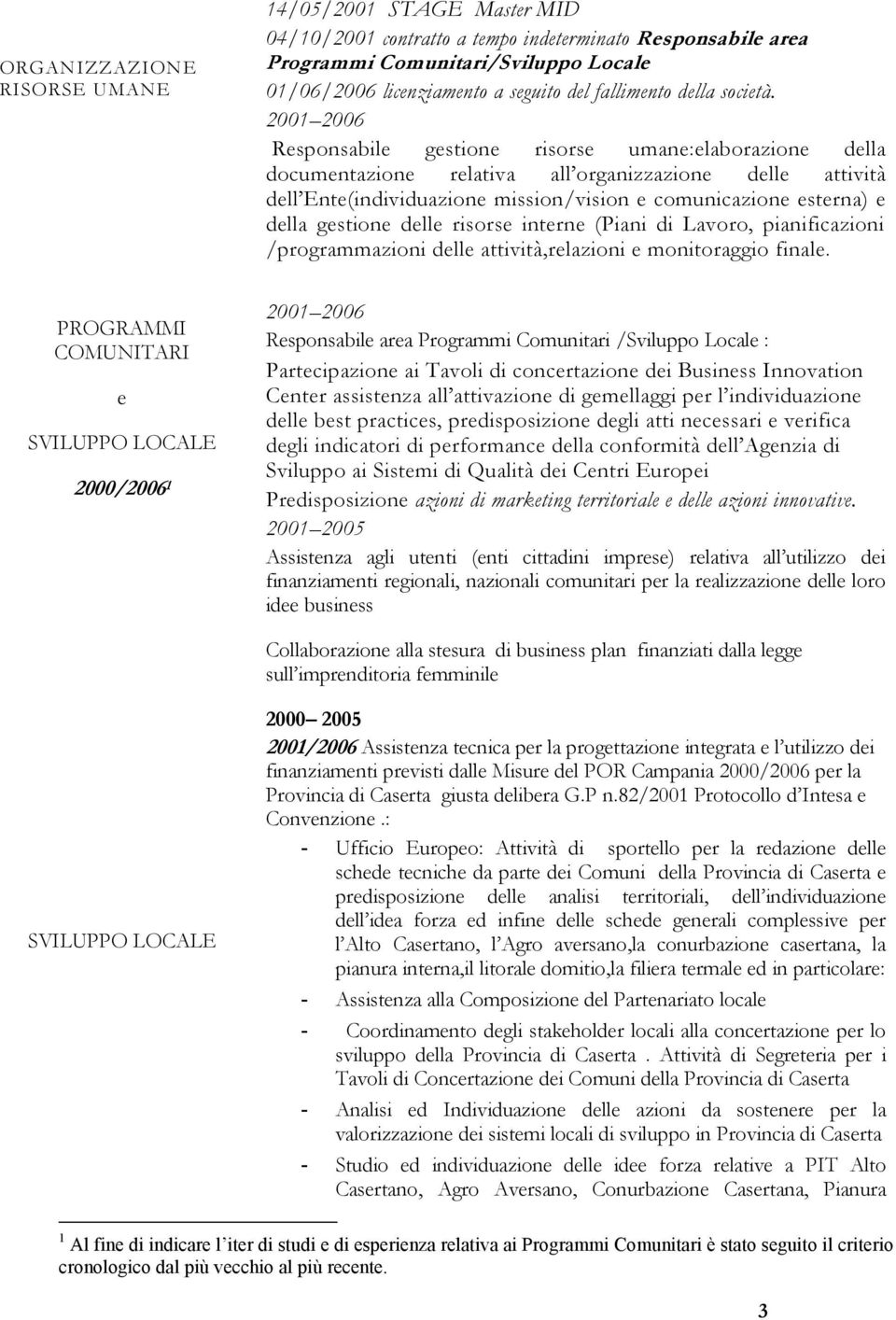 2001 2006 Responsabile gestione risorse umane:elaborazione della documentazione relativa all organizzazione delle attività dell Ente(individuazione mission/vision e comunicazione esterna) e della