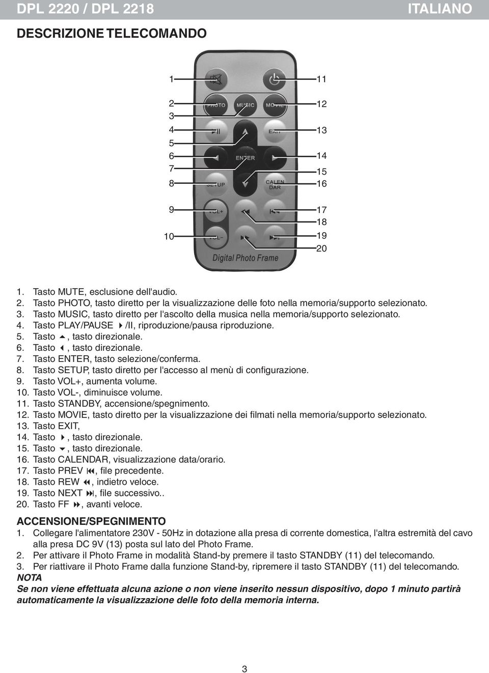 Tasto, tasto direzionale. 7. Tasto ENTER, tasto selezione/conferma. 8. Tasto SETUP, tasto diretto per l'accesso al menù di configurazione. 9. Tasto VOL+, aumenta volume. 10.