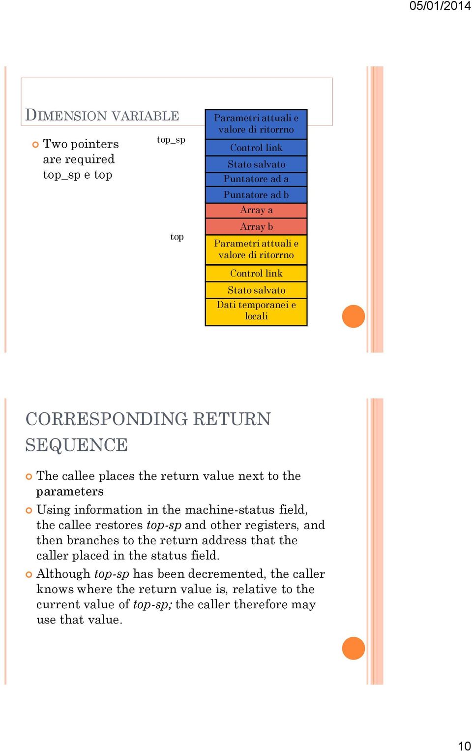 the parameters Using information in the machine-status field, the callee restores top-sp and other registers, and then branches to the return address that the caller placed in