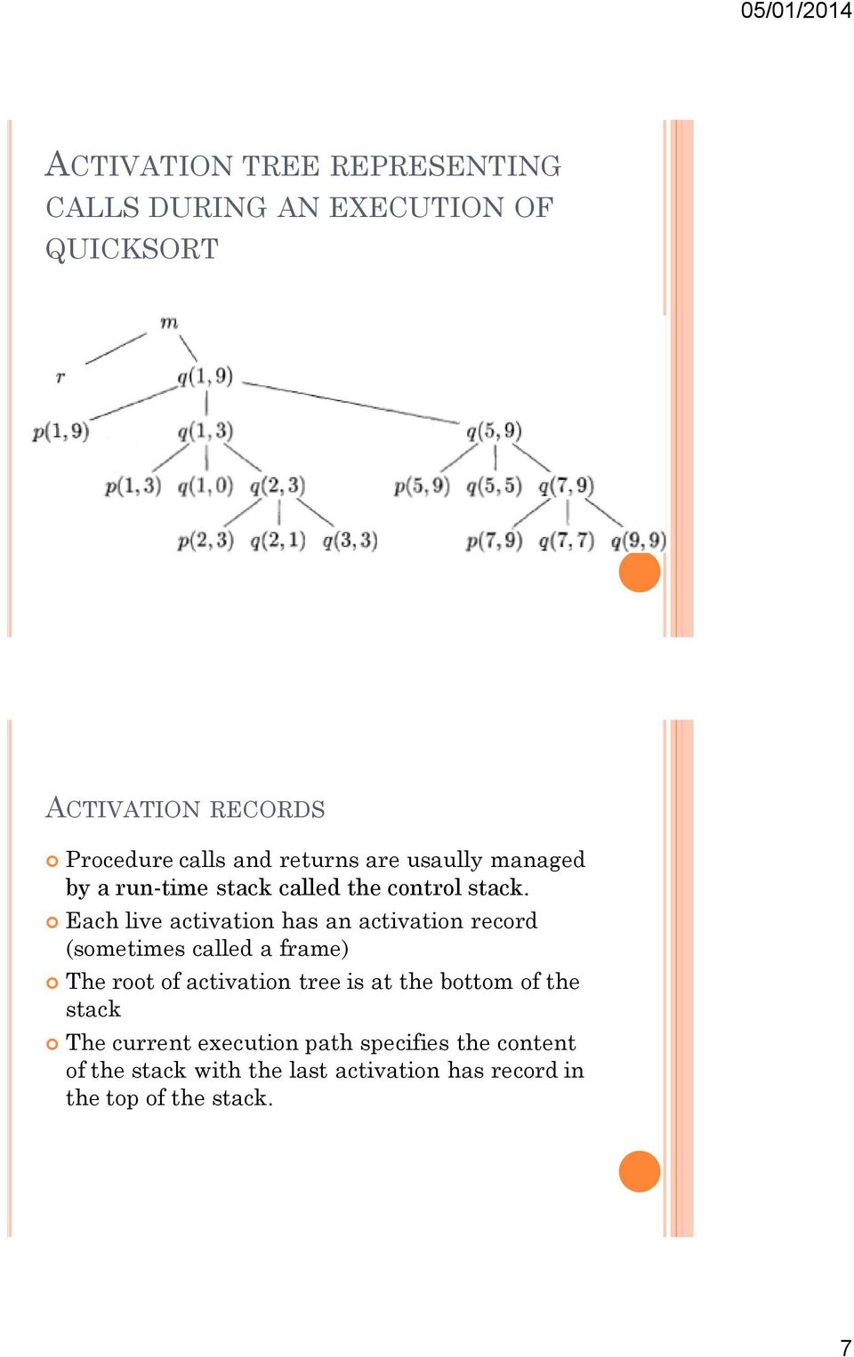 Each live activation has an activation record (sometimes called a frame) The root of activation tree is at