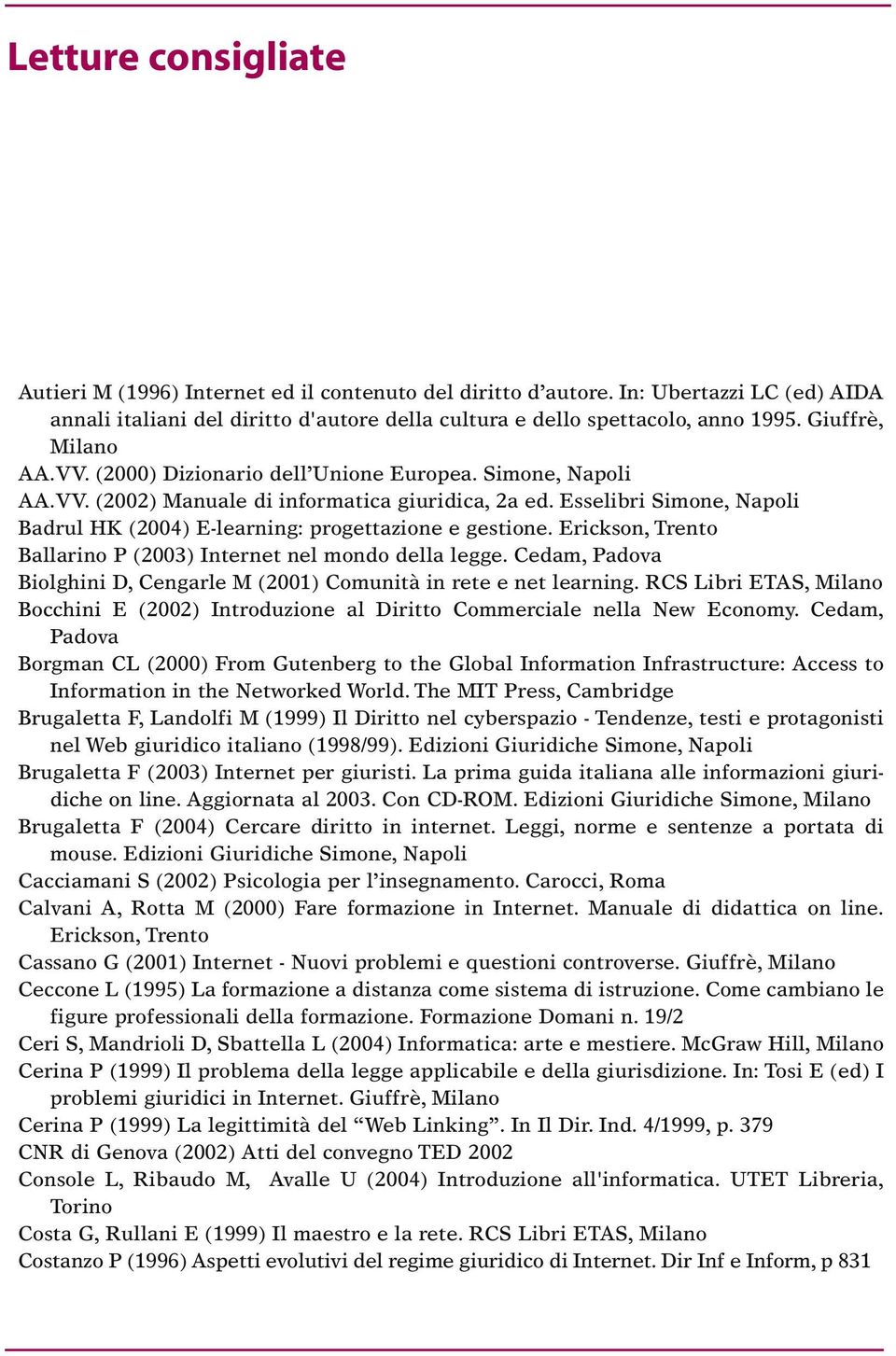 Esselibri Simone, Napoli Badrul HK (2004) E-learning: progettazione e gestione. Erickson, Trento Ballarino P (2003) Internet nel mondo della legge.