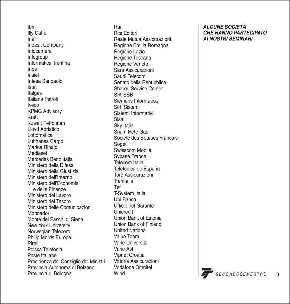 Lavoro Ministero del Tesoro Ministero delle Comunicazioni Mondadori Monte dei Paschi di Siena New York University Norwegian Telecom Philip Morris Europe Pirelli Polska Telefonia Poste Italiane