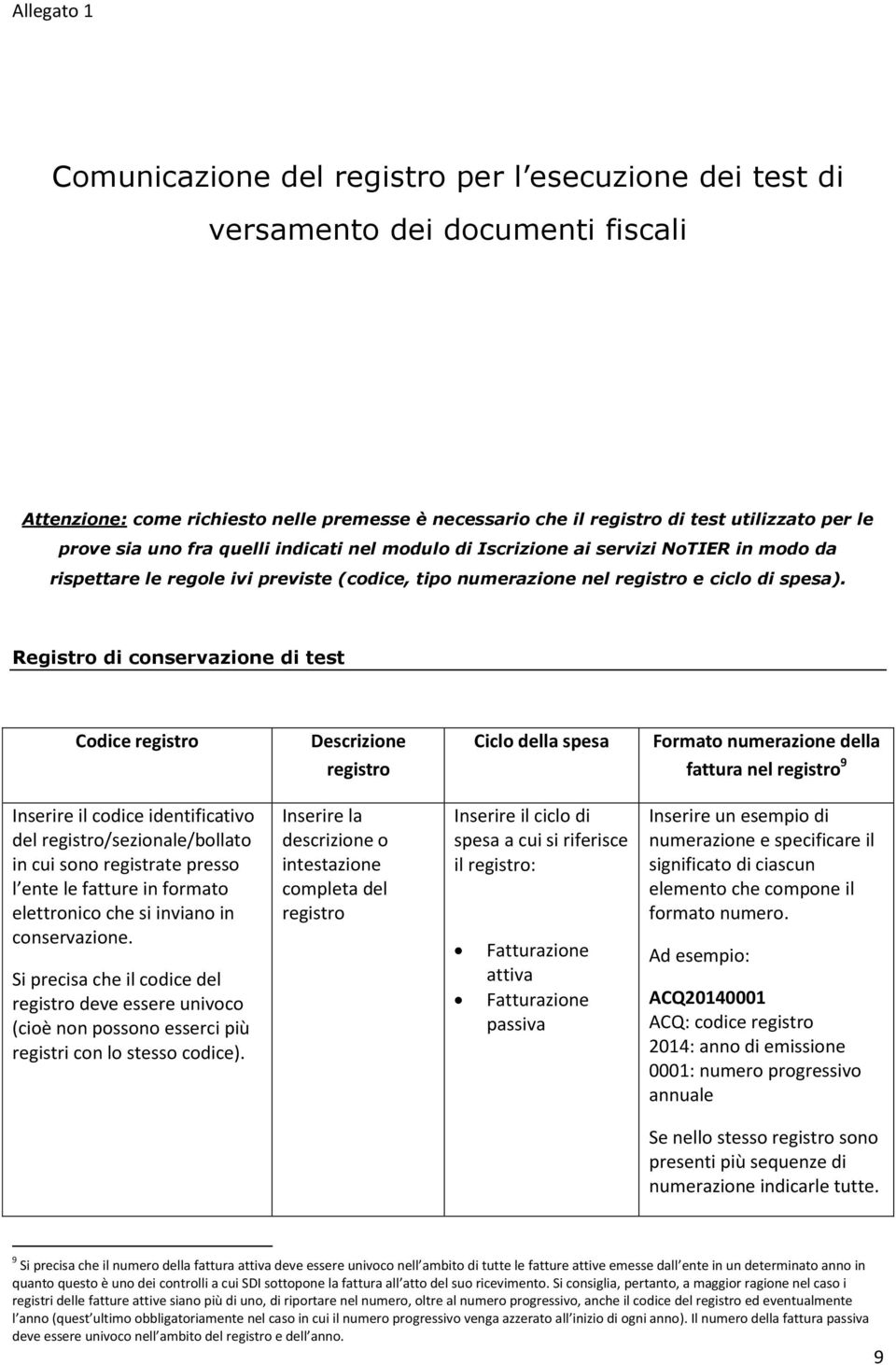 Registro di conservazione di test Codice registro Descrizione registro Ciclo della spesa Formato numerazione della fattura nel registro 9 Inserire il codice identificativo del