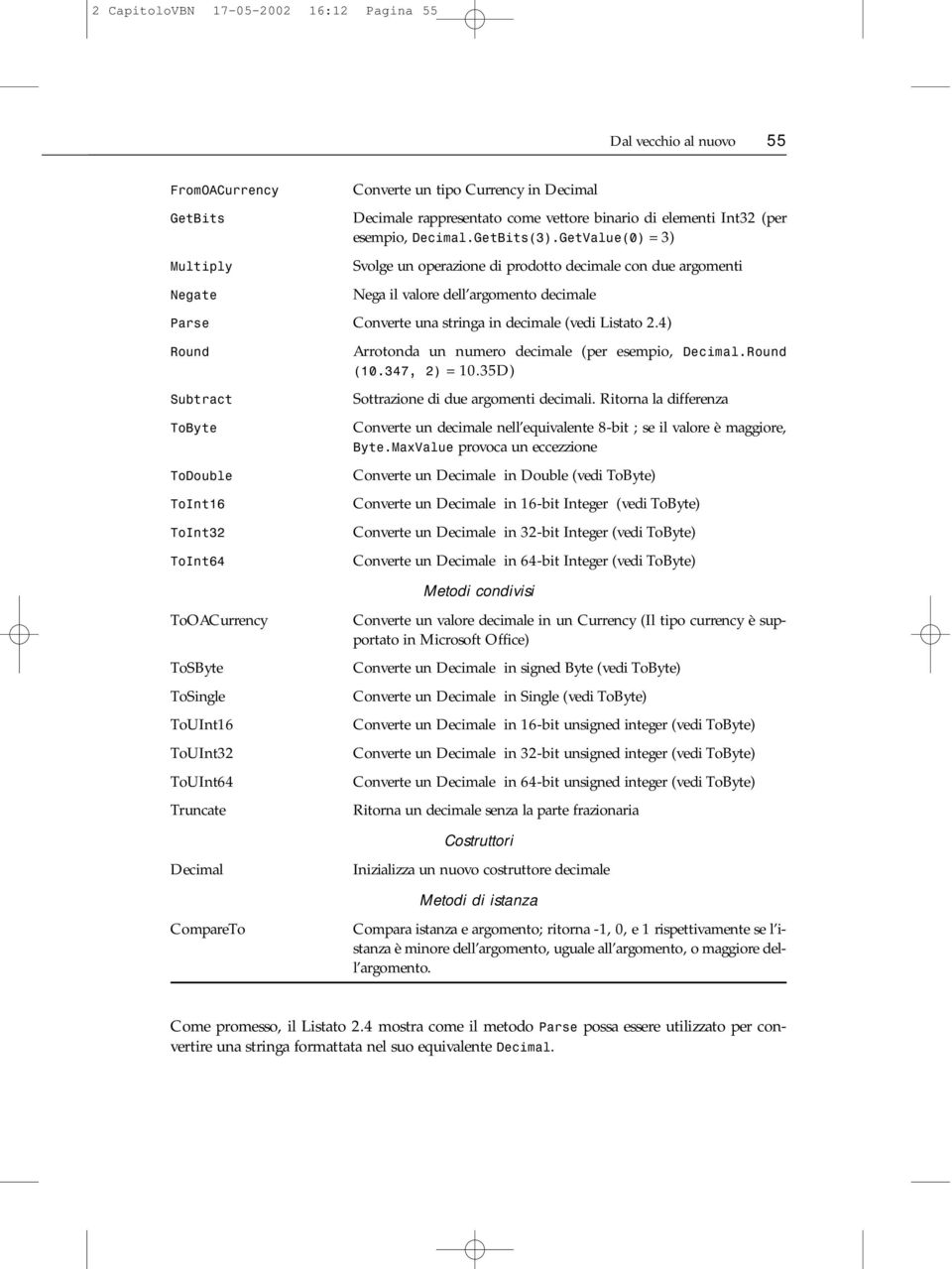 GetValue(0) = 3) Svolge un operazione di prodotto decimale con due argomenti Nega il valore dell argomento decimale Parse Converte una stringa in decimale (vedi Listato 2.