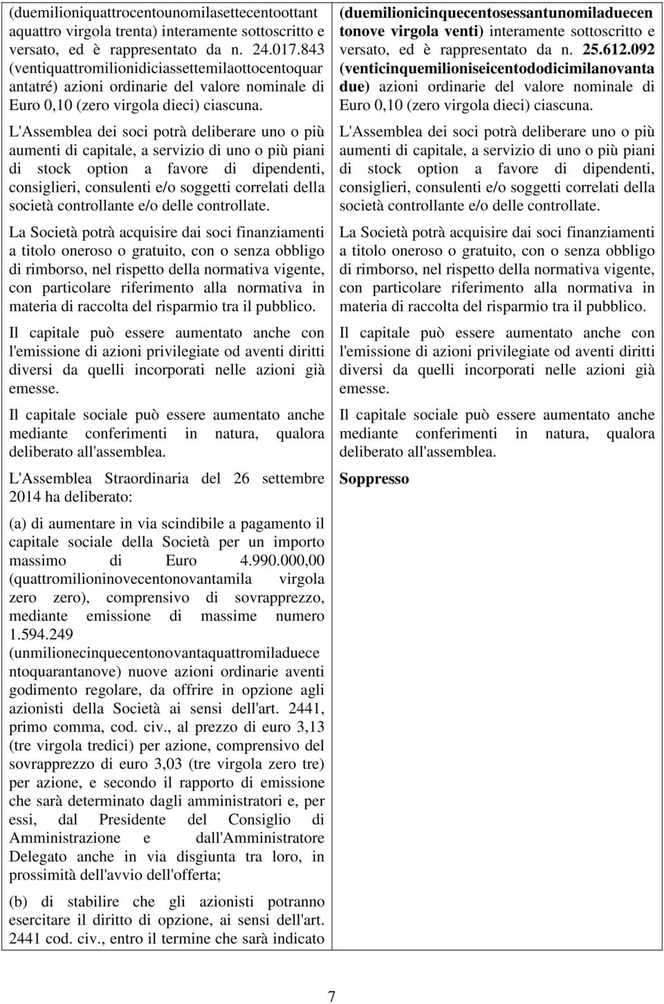 L'Assemblea dei soci potrà deliberare uno o più aumenti di capitale, a servizio di uno o più piani di stock option a favore di dipendenti, consiglieri, consulenti e/o soggetti correlati della società