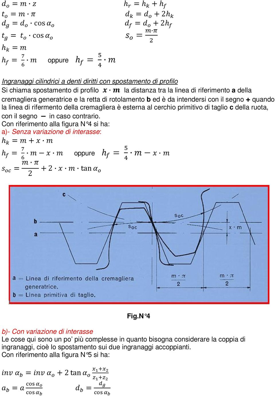 taglio c della ruota, con il segno in caso contrario. Con riferimento alla figura N 4 si ha: a)- Senza variazione di interasse: h =+ h = oppure h = = 2 +2 tan Fig.