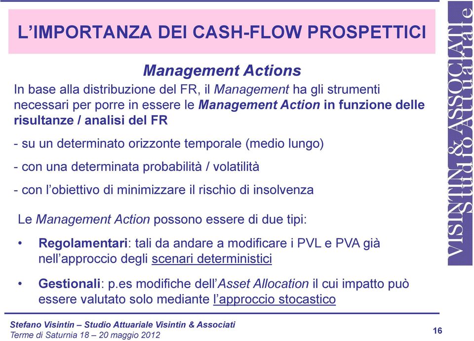 minimizzare il rischio di insolvenza Le Management Action possono essere di due tipi: Regolamentari: tali da andare a modificare i PVL e PVA già nell