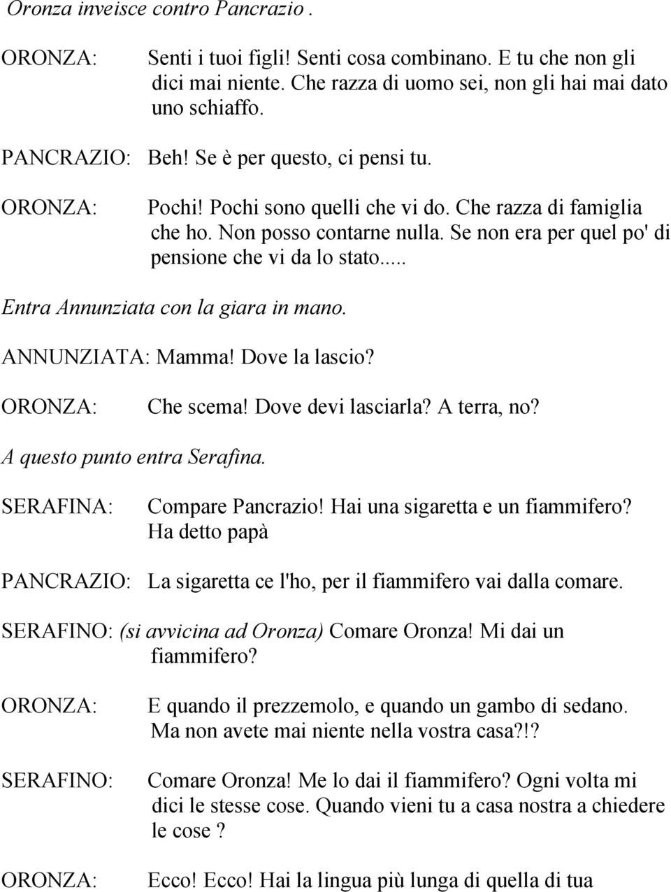 .. Entra Annunziata con la giara in mano. ANNUNZIATA: Mamma! Dove la lascio? Che scema! Dove devi lasciarla? A terra, no? A questo punto entra Serafina. SERAFINA: Compare Pancrazio!