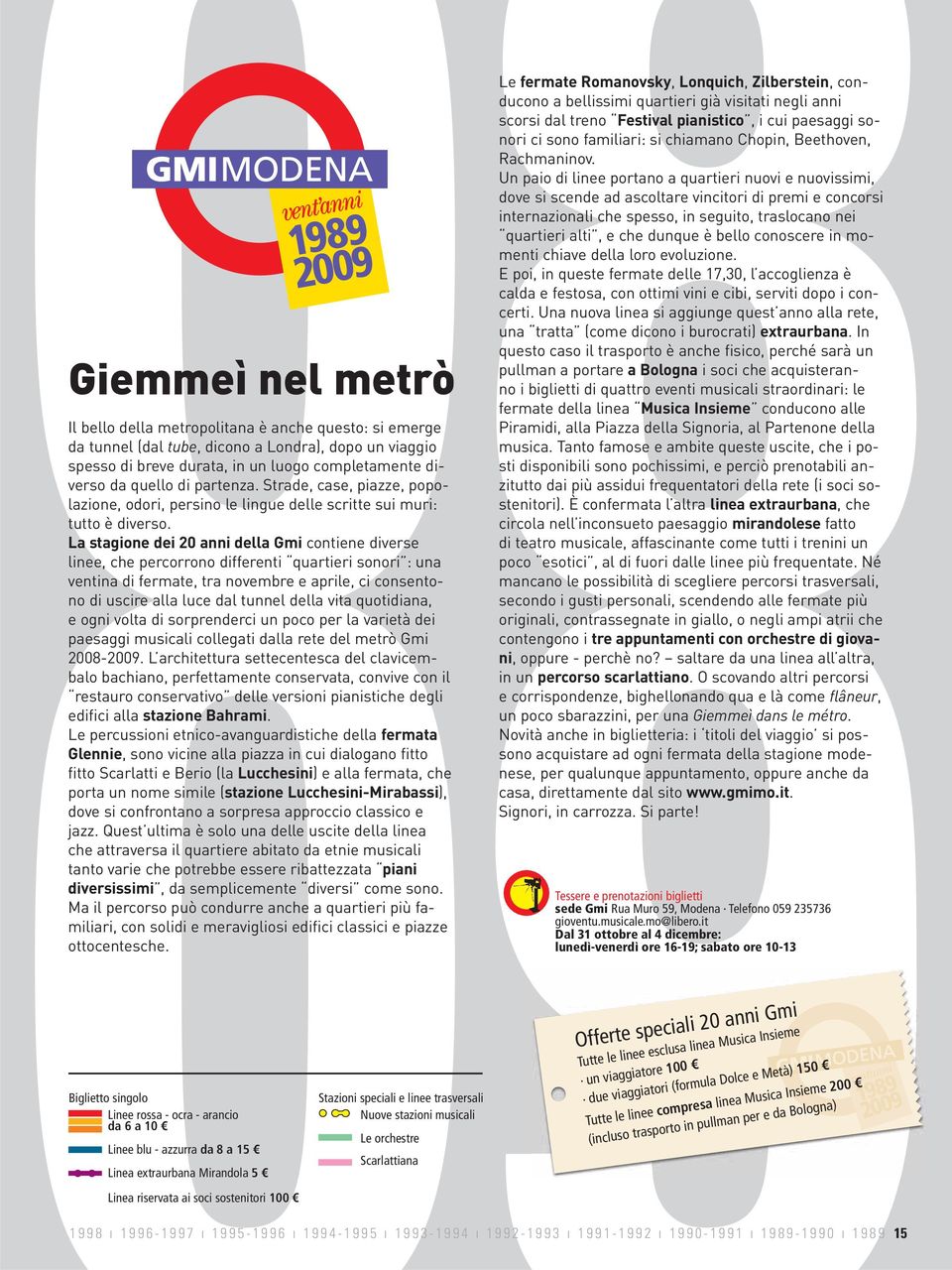 La stagione dei 20 anni della Gmi contiene diverse linee, che percorrono differenti quartieri sonori : una ventina di fermate, tra novembre e aprile, ci consentono di uscire alla luce dal tunnel