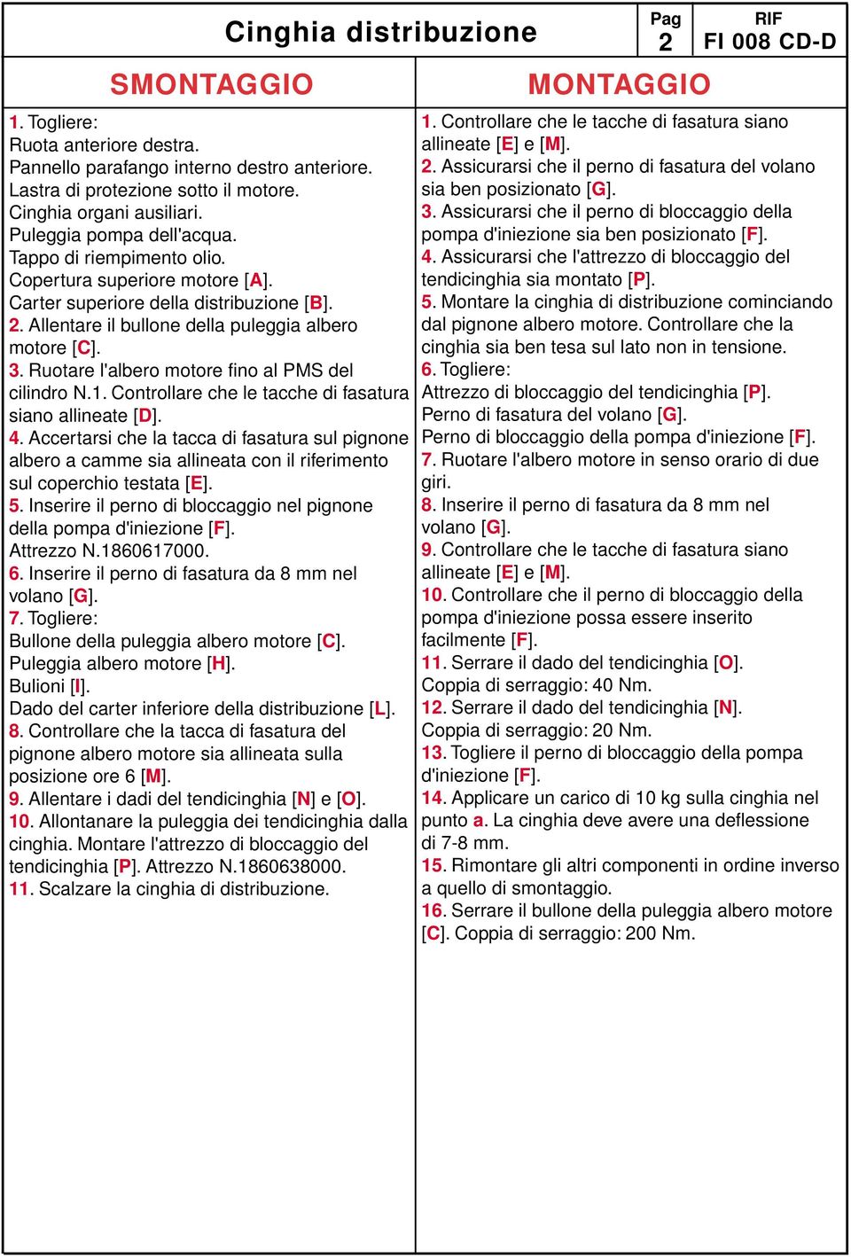 Allentare il bullone della puleggia albero motore [C]. 3. Ruotare l'albero motore fino al PMS del cilindro N.1. Controllare che le tacche di fasatura siano allineate [D]. 4.