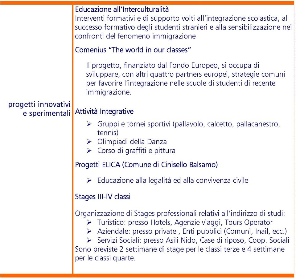 Comenius The world in our classes progetti innovativi e sperimentali Il progetto, finanziato dal Fondo Europeo, si occupa di sviluppare, con altri quattro partners europei, strategie comuni per