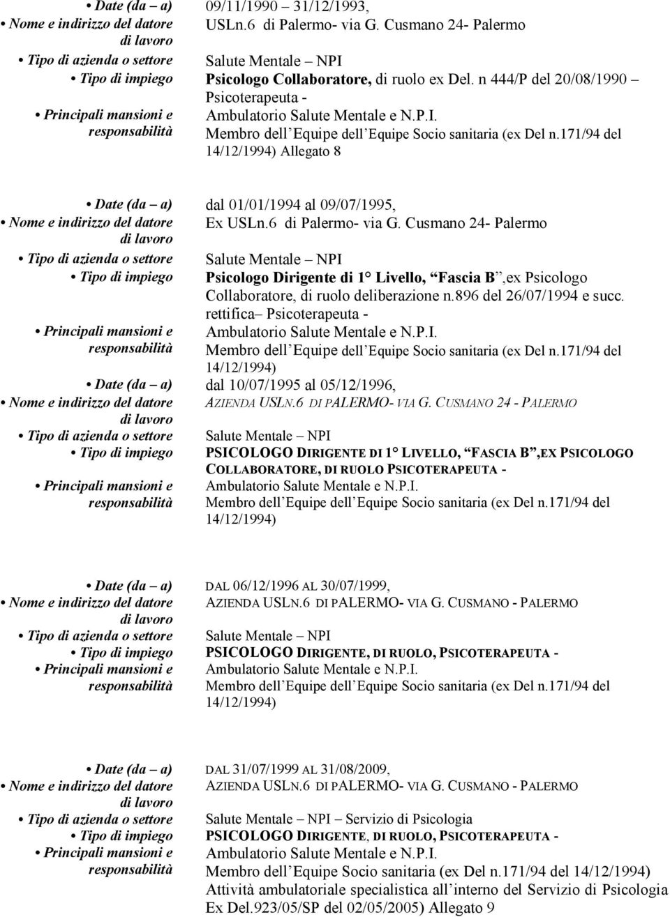 n 444/P del 20/08/1990 Psicoterapeuta - Principali mansioni e Ambulatorio Salute Mentale e N.P.I. responsabilità Membro dell Equipe dell Equipe Socio sanitaria (ex Del n.