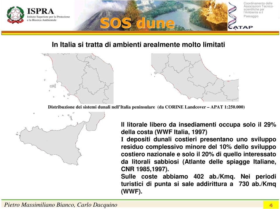 000) Il litorale libero da insediamenti occupa solo il 29% della costa (WWF Italia, 1997) I depositi dunali costieri presentano uno sviluppo