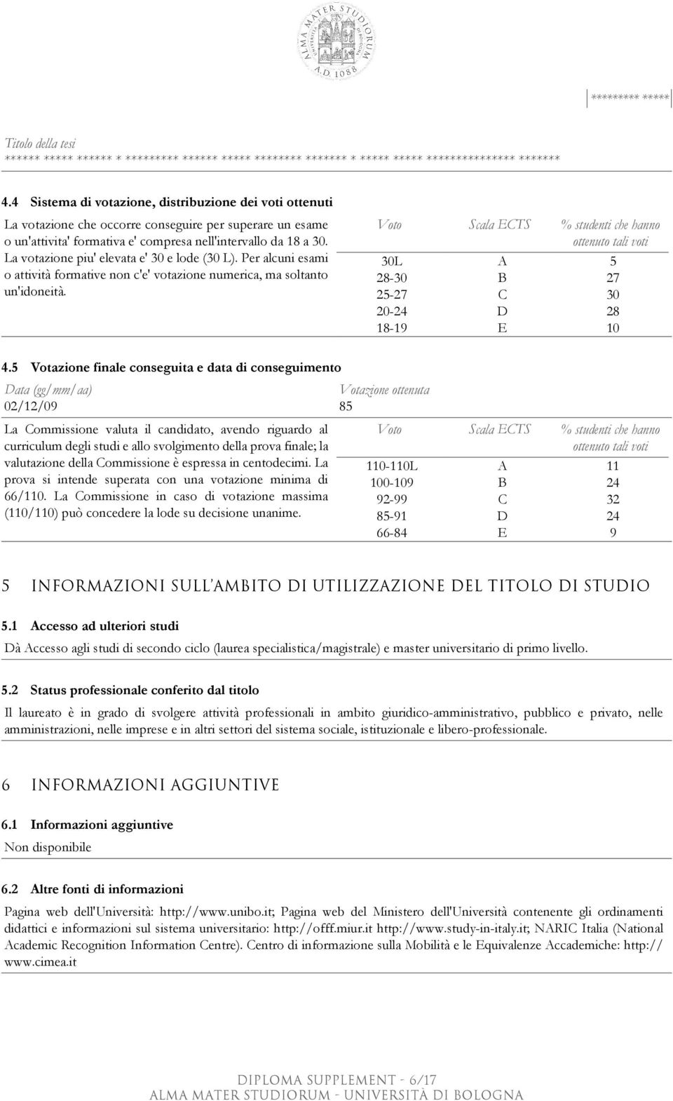 La votazione piu' elevata e' 30 e lode (30 L). Per alcuni esami o attività formative non c'e' votazione numerica, ma soltanto un'idoneità.