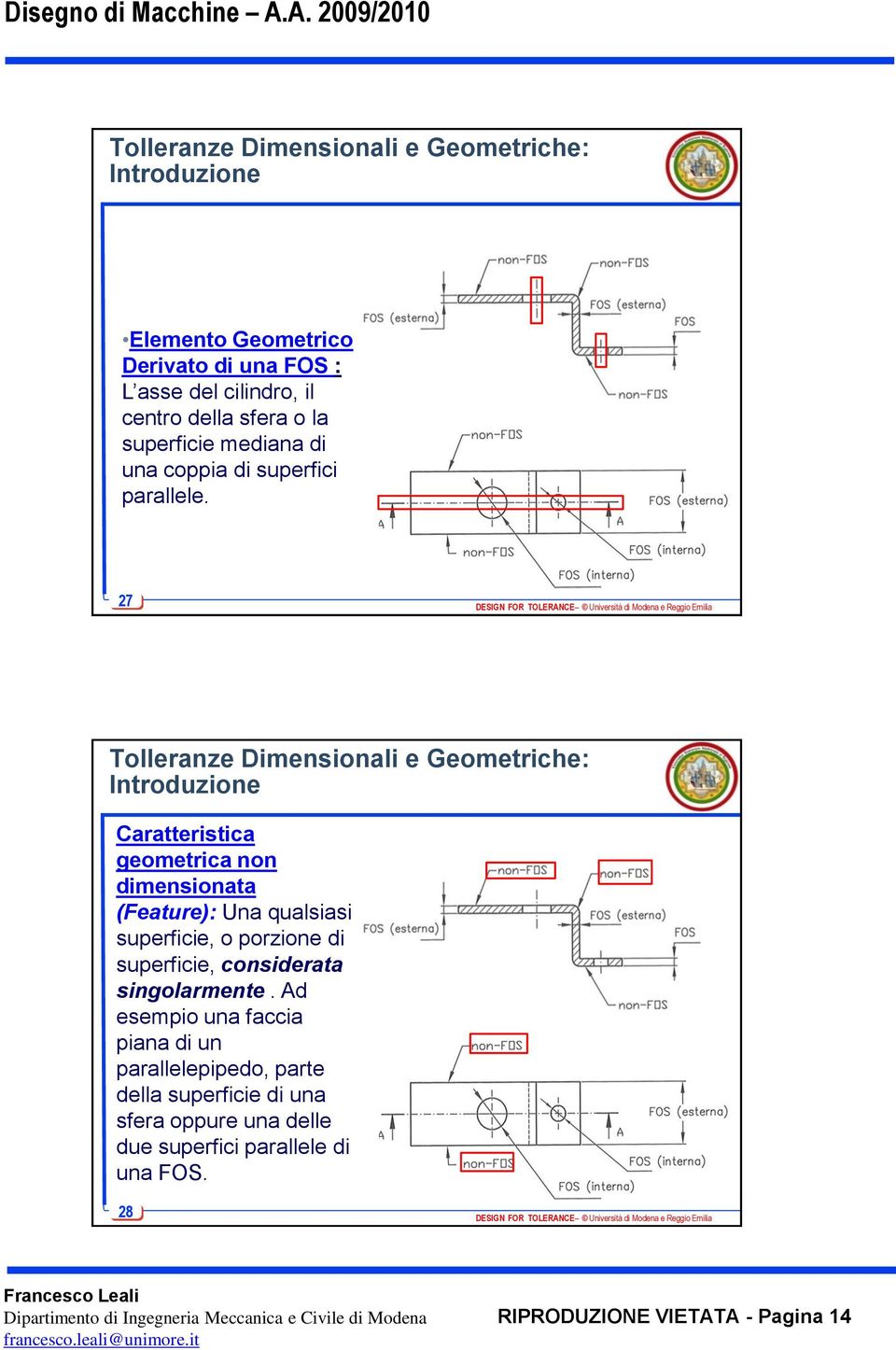 27 Tolleranze Dimensionali e Geometriche: Introduzione Caratteristica geometrica non dimensionata (Feature): Una qualsiasi superficie, o