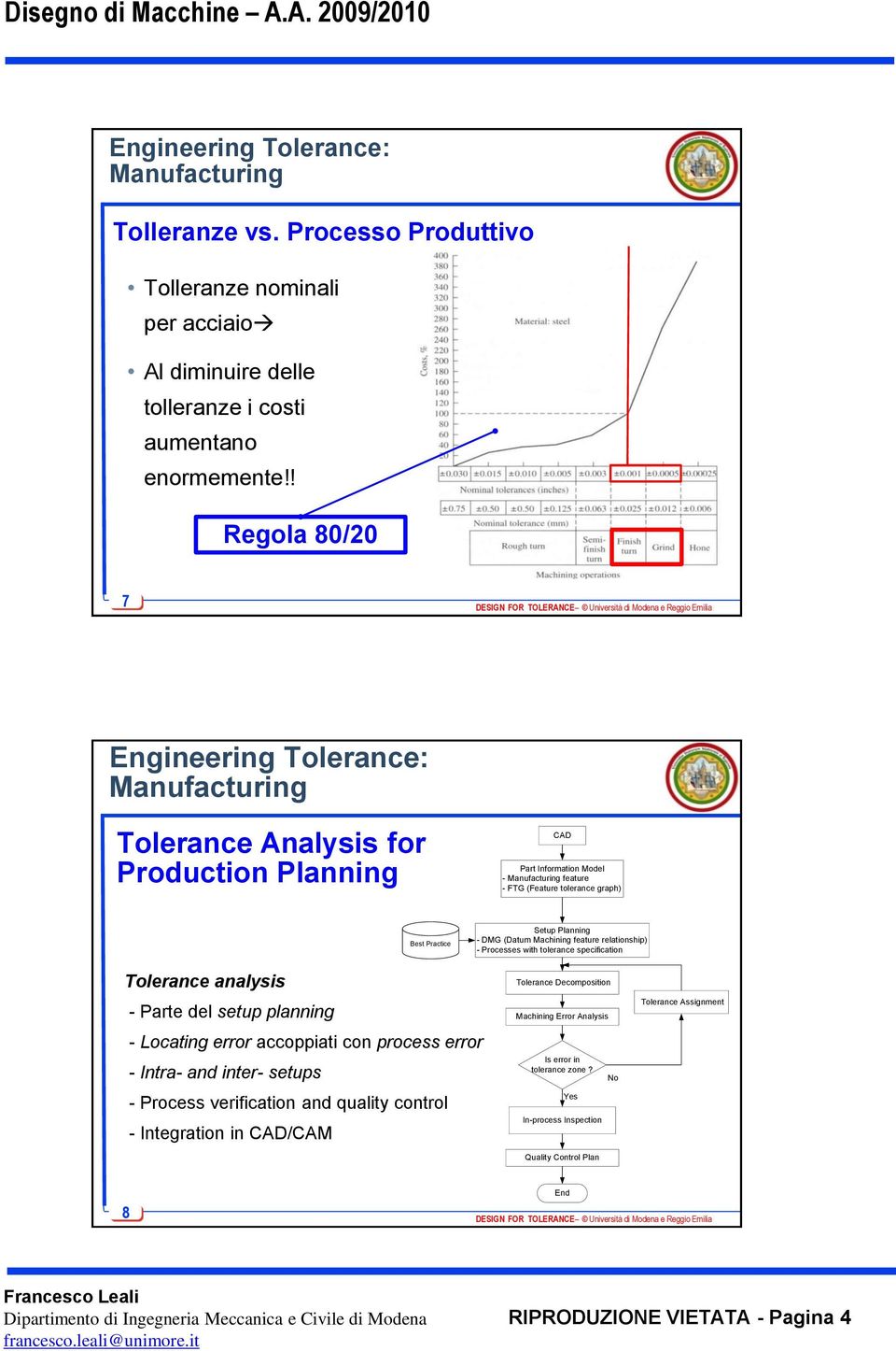 Planning - DMG (Datum Machining feature relationship) - Processes with tolerance specification Tolerance analysis - Parte del setup planning - Locating error accoppiati con process error - Intra- and