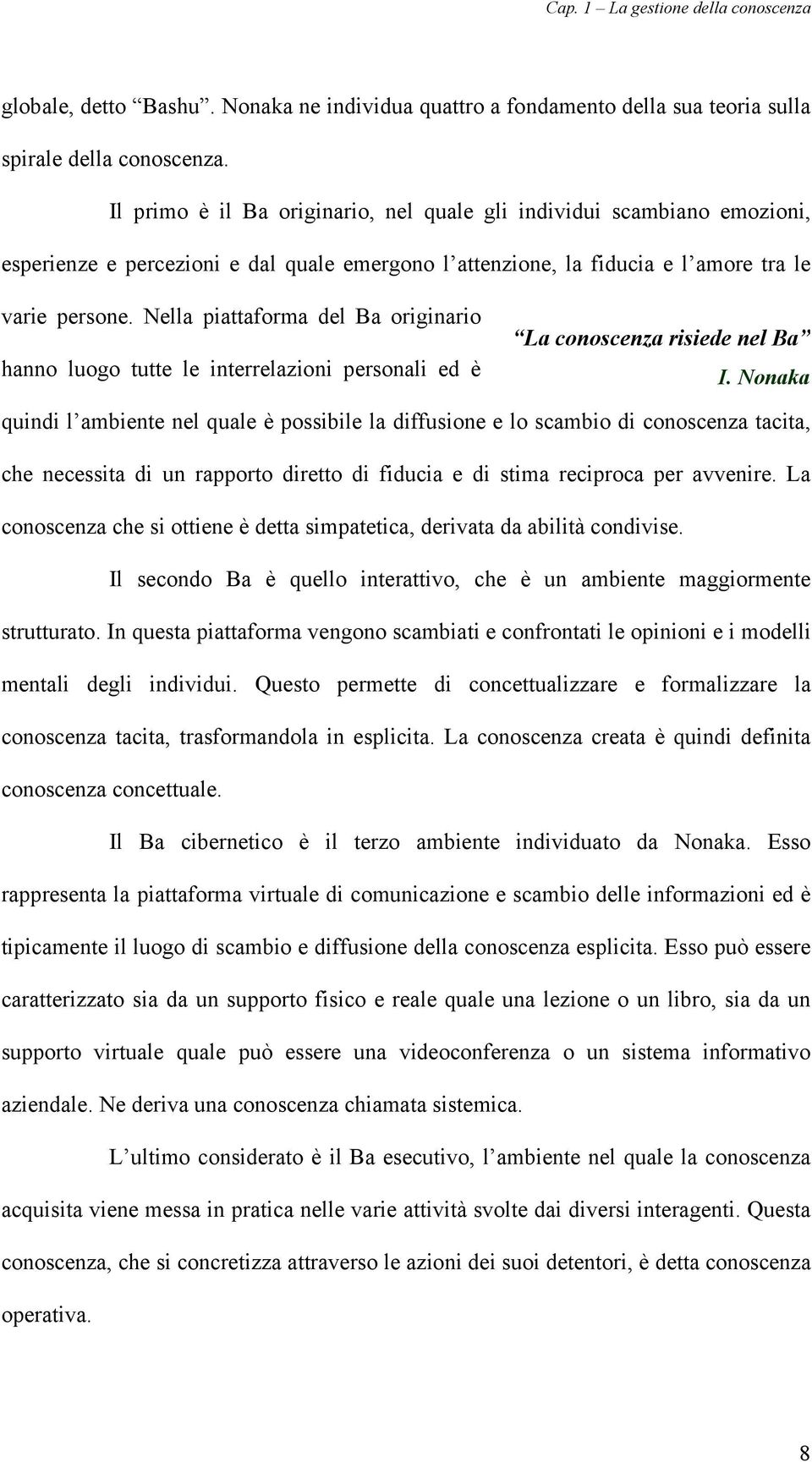 Nella piattaforma del Ba originario hanno luogo tutte le interrelazioni personali ed è La conoscenza risiede nel Ba I.