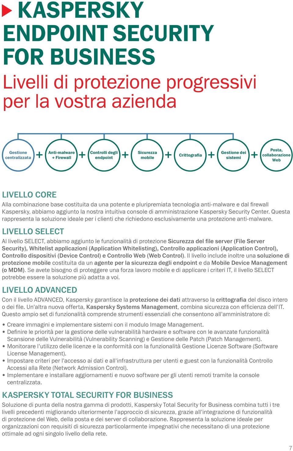 nostra intuitiva console di amministrazione Kaspersky Security Center. Questa rappresenta la soluzione ideale per i clienti che richiedono esclusivamente una protezione anti-malware.