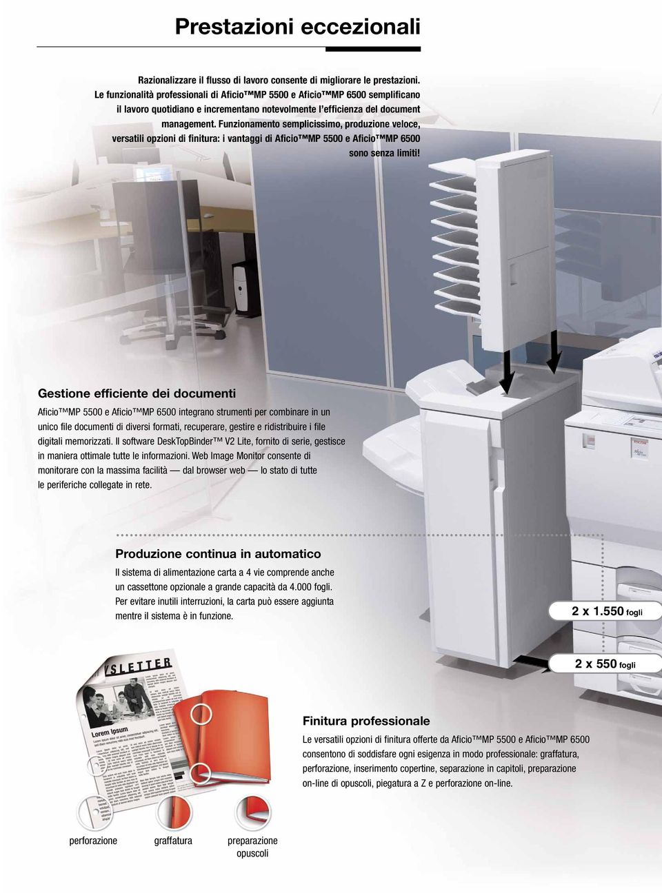 Funzionamento semplicissimo, produzione veloce, versatili opzioni di finitura: i vantaggi di Aficio MP 5500 e Aficio MP 6500 sono senza limiti!