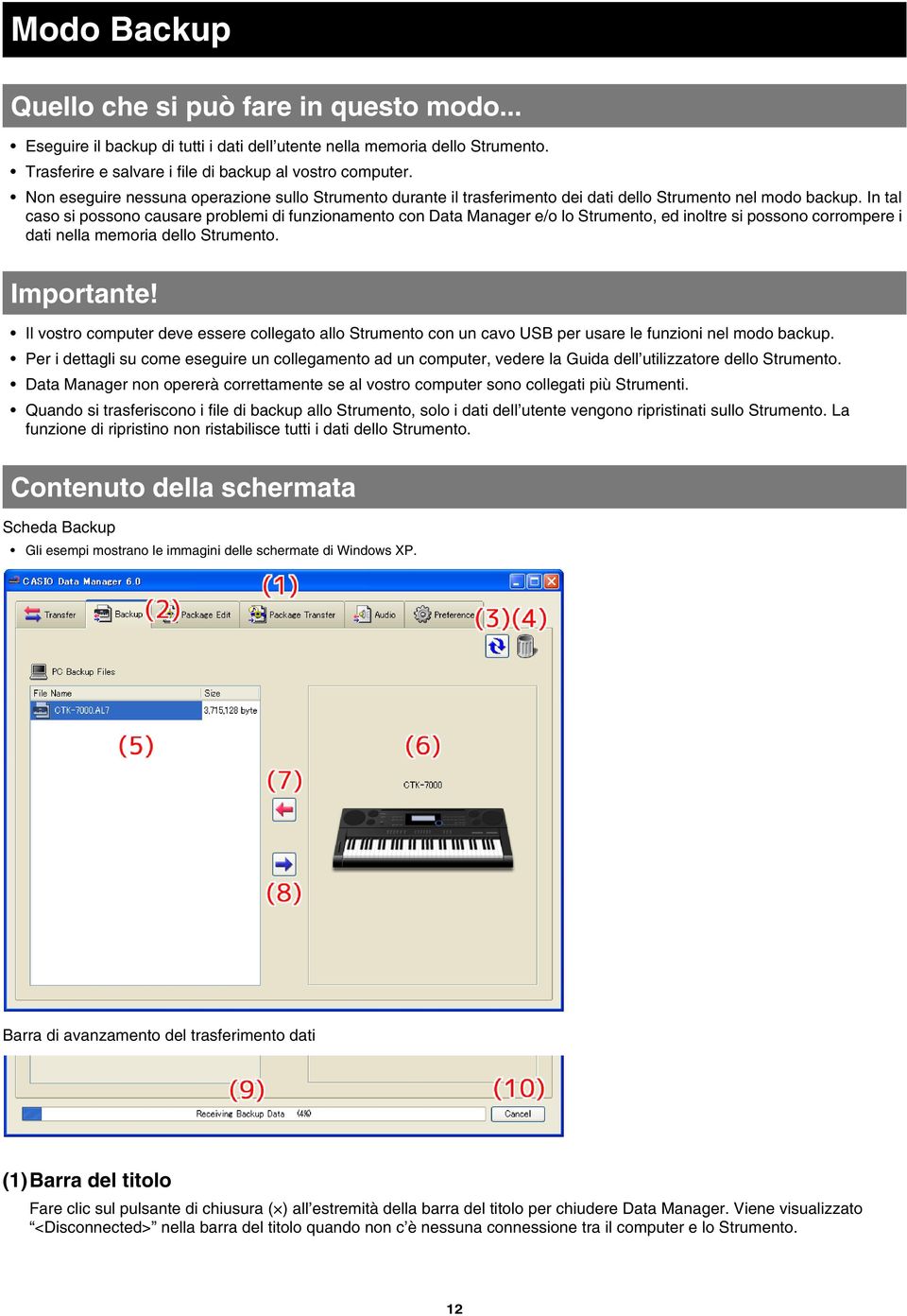 In tal caso si possono causare problemi di funzionamento con Data Manager e/o lo Strumento, ed inoltre si possono corrompere i dati nella memoria dello Strumento. Importante!