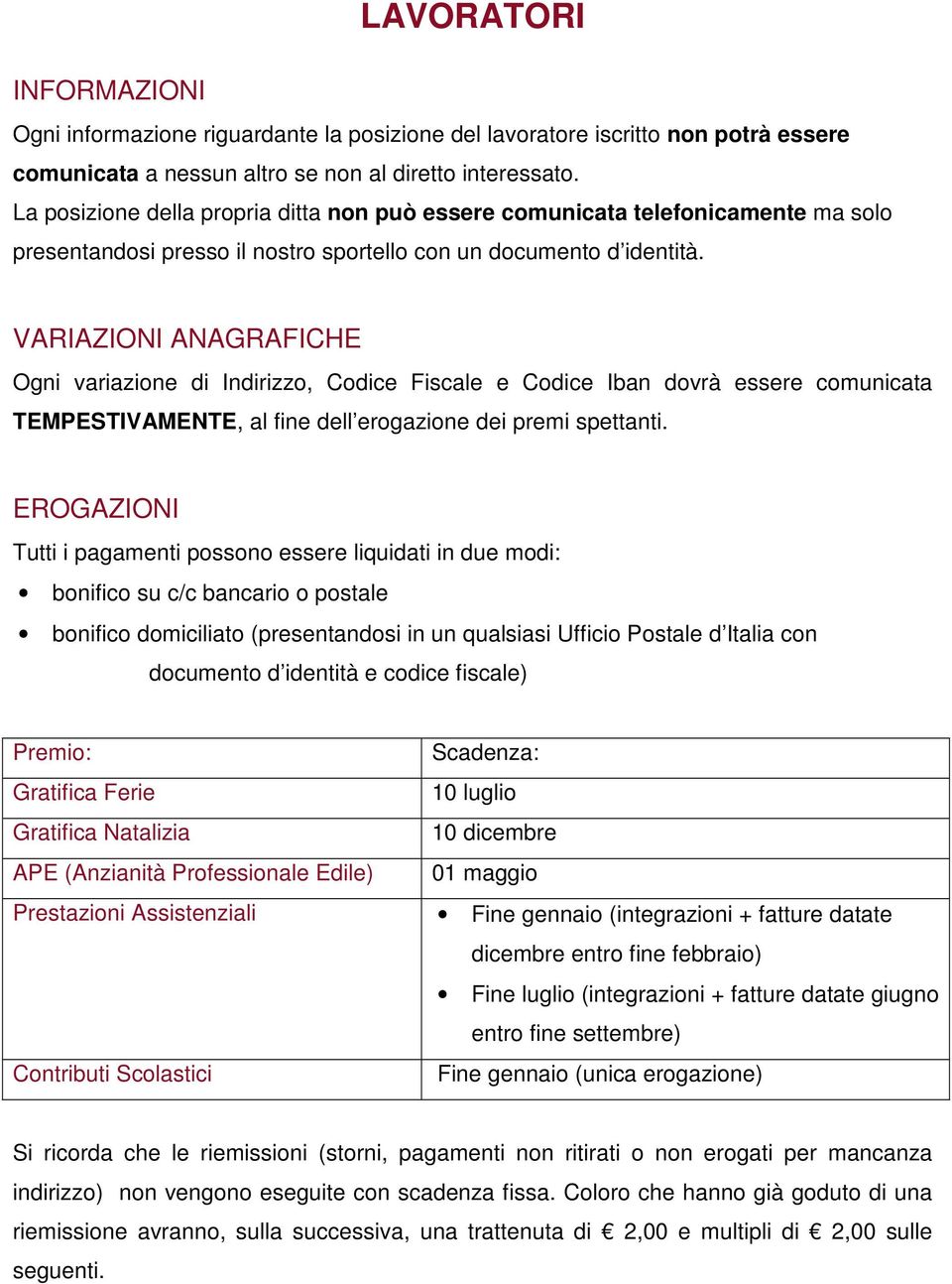 VARIAZIONI ANAGRAFICHE Ogni variazione di Indirizzo, Codice Fiscale e Codice Iban dovrà essere comunicata TEMPESTIVAMENTE, al fine dell erogazione dei premi spettanti.