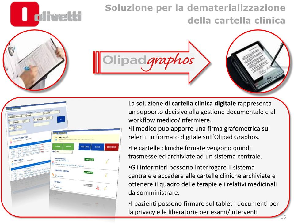 Le cartelle cliniche firmate vengono quindi trasmesse ed archiviate ad un sistema centrale.