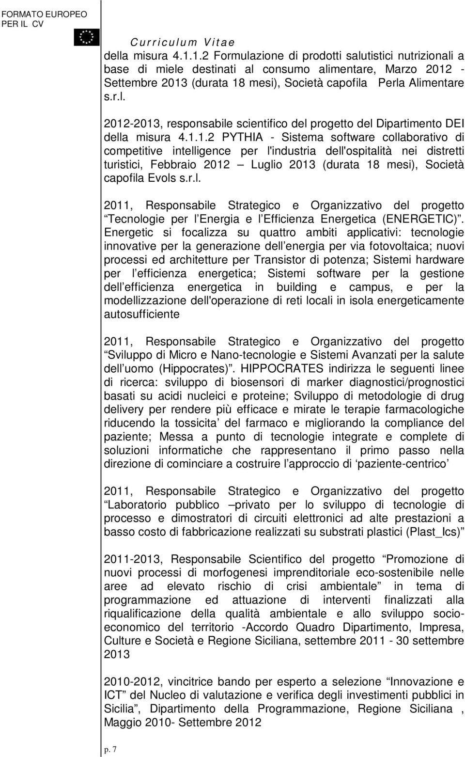 -2013, responsabile scientifico del progetto del Dipartimento DEI della misura 4.1.1.2 PYTHIA - Sistema software collaborativo di competitive intelligence per l'industria dell'ospitalità nei