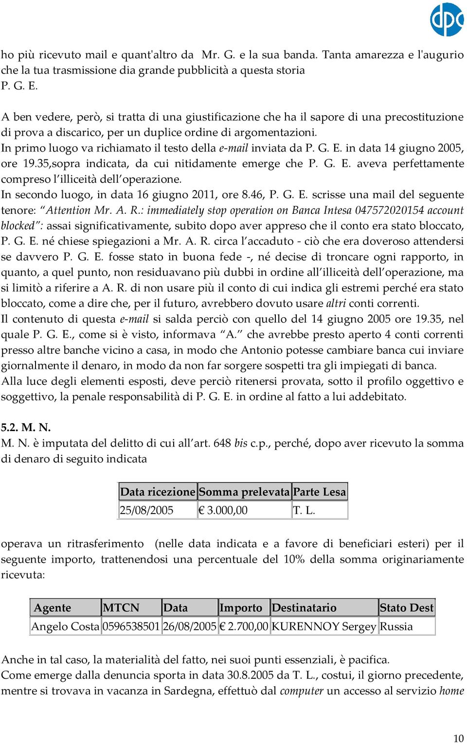 In primo luogo va richiamato il testo della e-mail inviata da P. G. E. in data 14 giugno 2005, ore 19.35,sopra indicata, da cui nitidamente emerge che P. G. E. aveva perfettamente compreso l illiceità dell operazione.