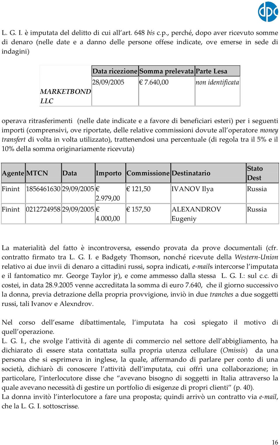 dovute all operatore money transfert di volta in volta utilizzato), trattenendosi una percentuale (di regola tra il 5% e il 10% della somma originariamente ricevuta) Agente MTCN Data Importo