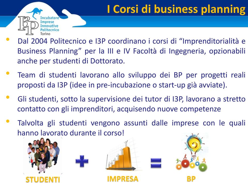 Team di studenti lavorano allo sviluppo dei BP per progetti reali proposti da I3P (idee in pre-incubazione o start-up già avviate).