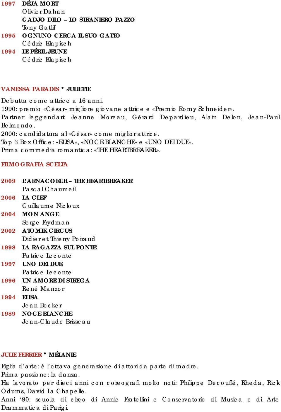 2000: candidatura al «César» come miglior attrice. Top 3 Box Office: «ELISA», «NOCE BLANCHE» e «UNO DEI DUE». Prima commedia romantica: «THE HEARTBREAKER».