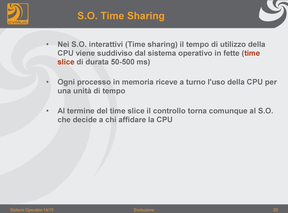 memoria riceve a turno l'uso della CPU per una unità di tempo Al termine del time slice il