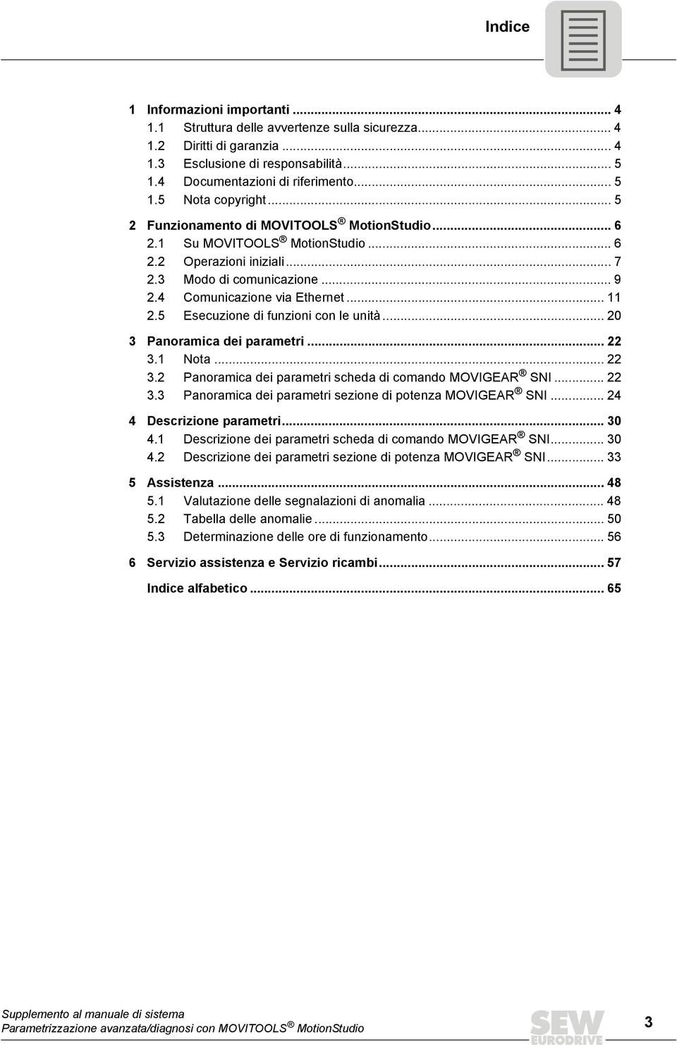 5 Esecuzione di funzioni con le unità... 20 3 Panoramica dei parametri... 22 3.1 Nota... 22 3.2 Panoramica dei parametri scheda di comando MOVIGEAR SNI... 22 3.3 Panoramica dei parametri sezione di potenza MOVIGEAR SNI.