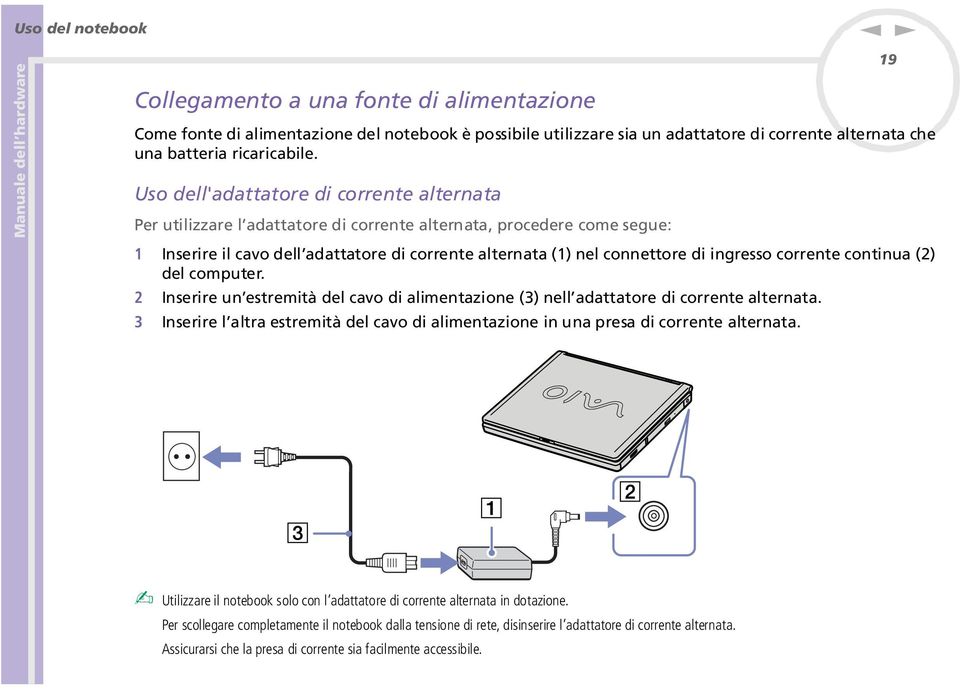 ingresso corrente continua (2) del computer. 2 Inserire un estremità del cavo di alimentazione (3) nell adattatore di corrente alternata.