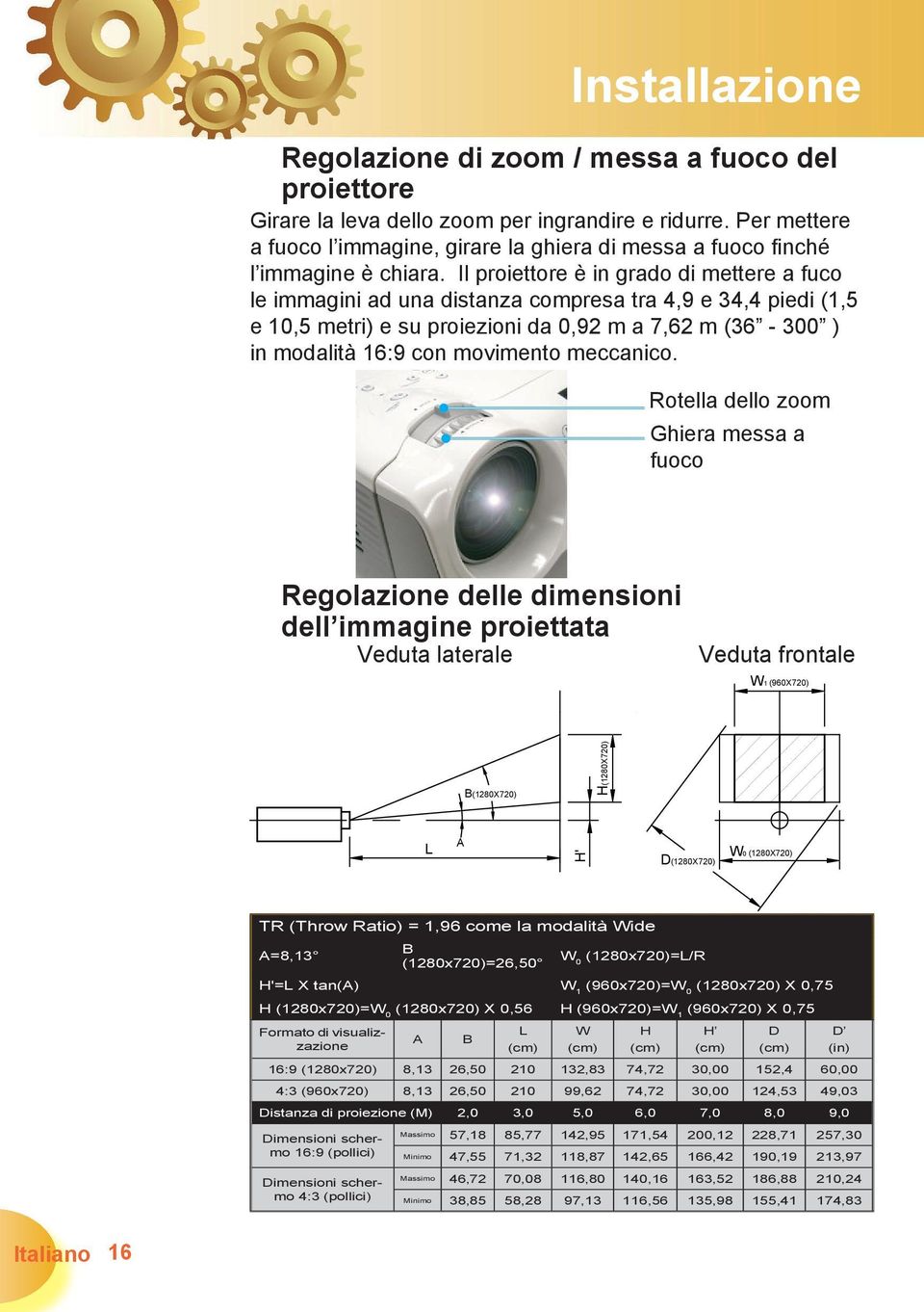 Il proiettore è in grado di mettere a fuco le immagini ad una distanza compresa tra 4,9 e 34,4 piedi (1,5 e 10,5 metri) e su proiezioni da 0,92 m a 7,62 m (36-300 ) in modalità 16:9 con movimento