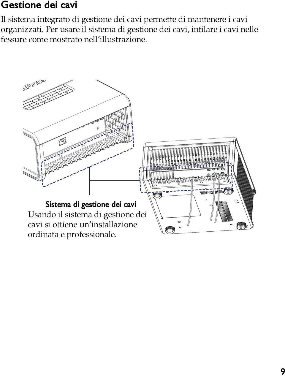 Per usare il sistema di gestione dei cavi, infilare i cavi nelle fessure come