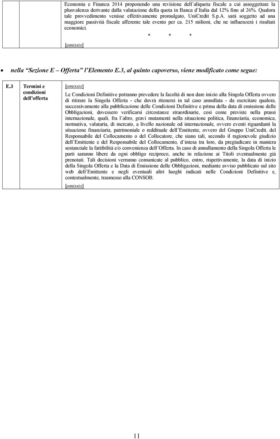 215 milioni, che ne influenzerà i risultati economici. [omissis] * * * nella Sezione E Offerta l Elemento E.3, al quinto capoverso, viene modificato come segue: E.