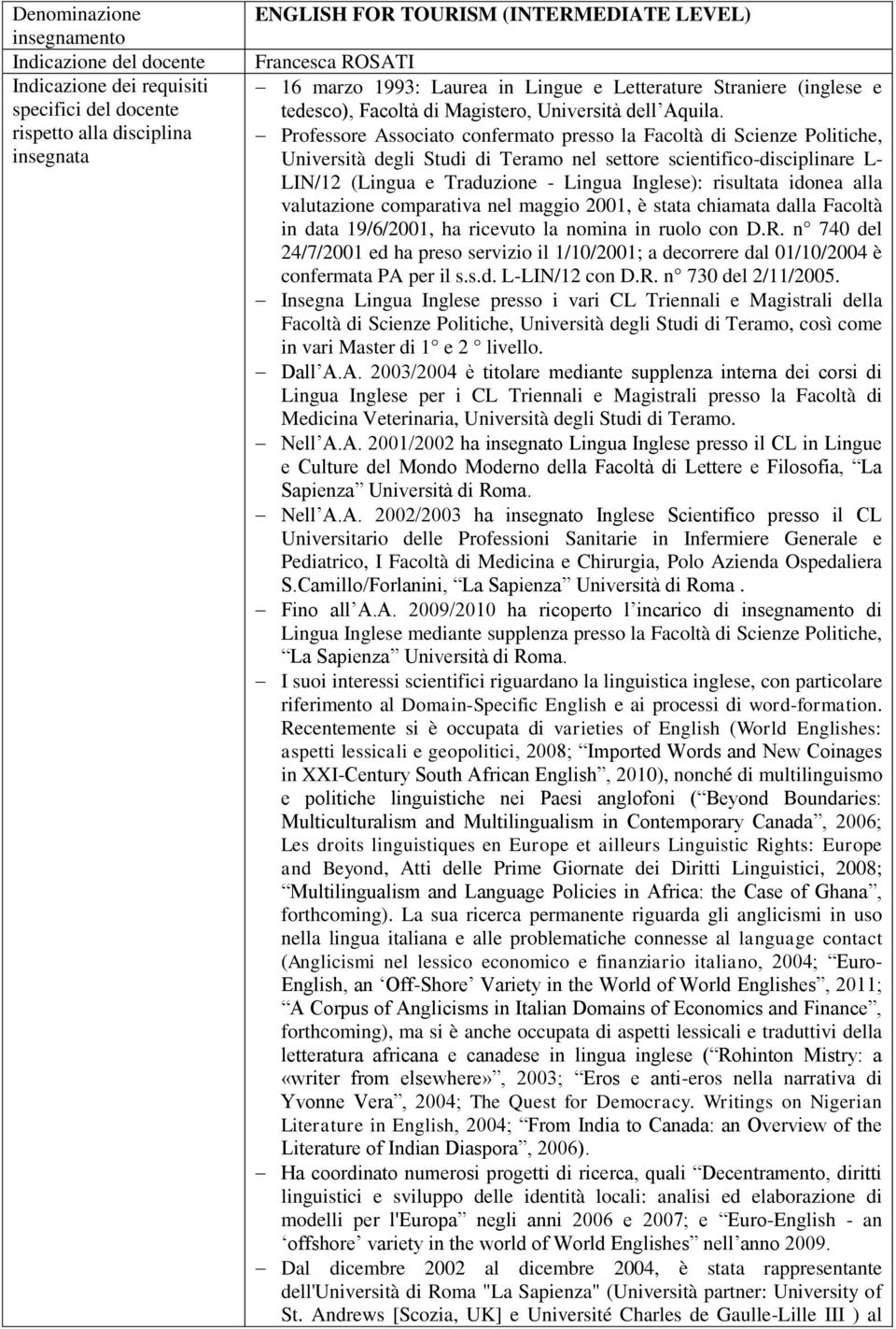 Professore Associato confermato presso la Facoltà di Scienze Politiche, Università degli Studi di Teramo nel settore scientifico-disciplinare L- LIN/12 (Lingua e Traduzione - Lingua Inglese):