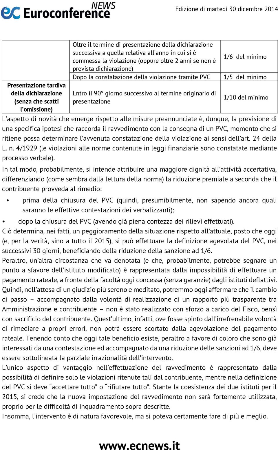 minimo 1/10 del minimo L aspetto di novità che emerge rispetto alle misure preannunciate è, dunque, la previsione di una specifica ipotesi che raccorda il ravvedimento con la consegna di un PVC,