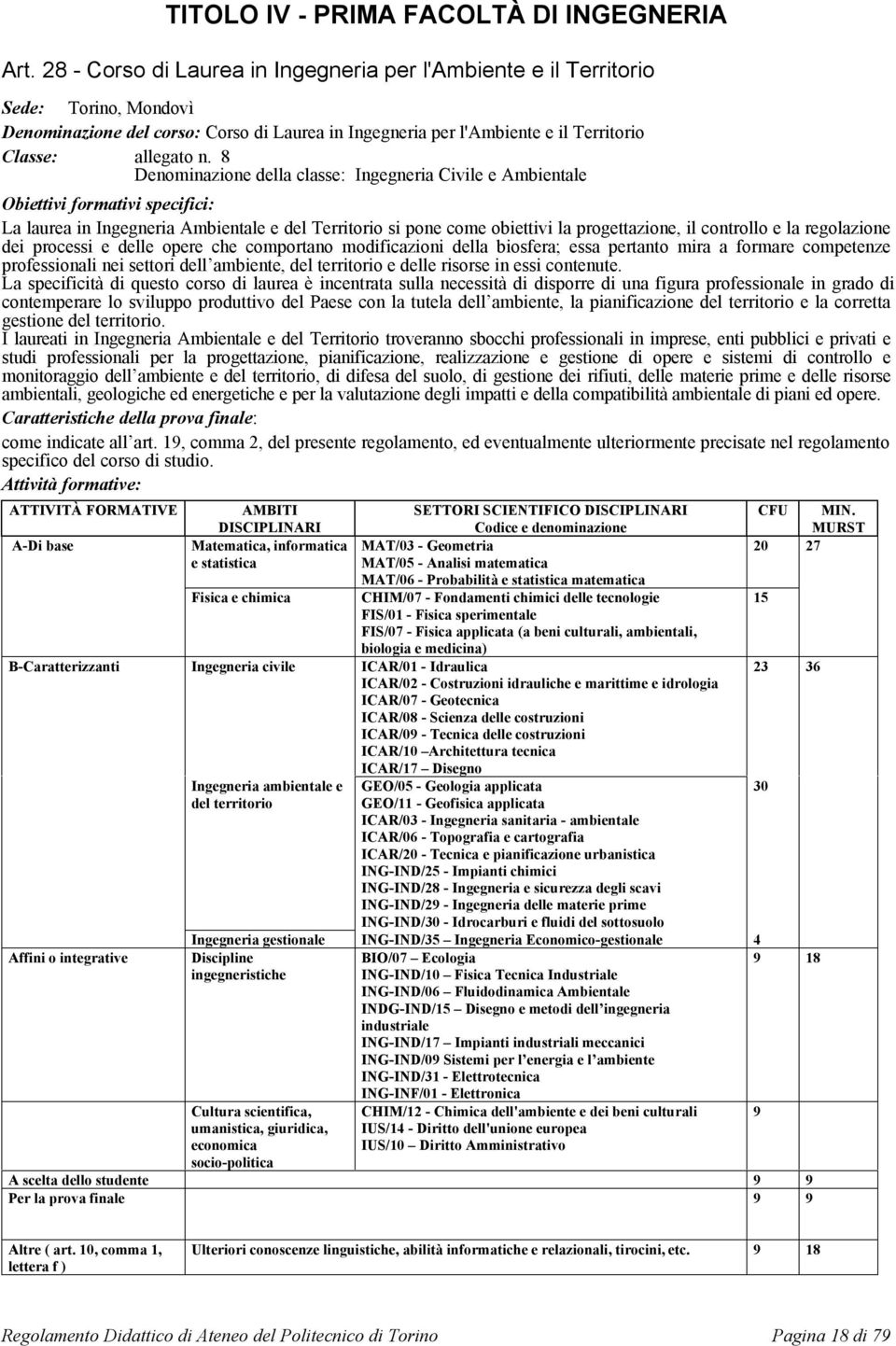 8 Denominazione della classe: Ingegneria Civile e Ambientale Obiettivi formativi specifici: La laurea in Ingegneria Ambientale e del Territorio si pone come obiettivi la progettazione, il controllo e