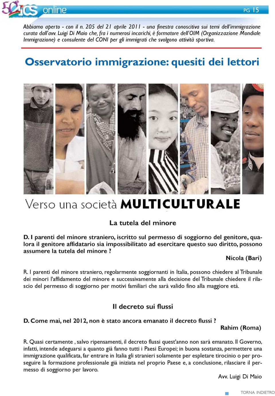 Osservatorio immigrazione: quesiti dei lettori La tutela del minore D.