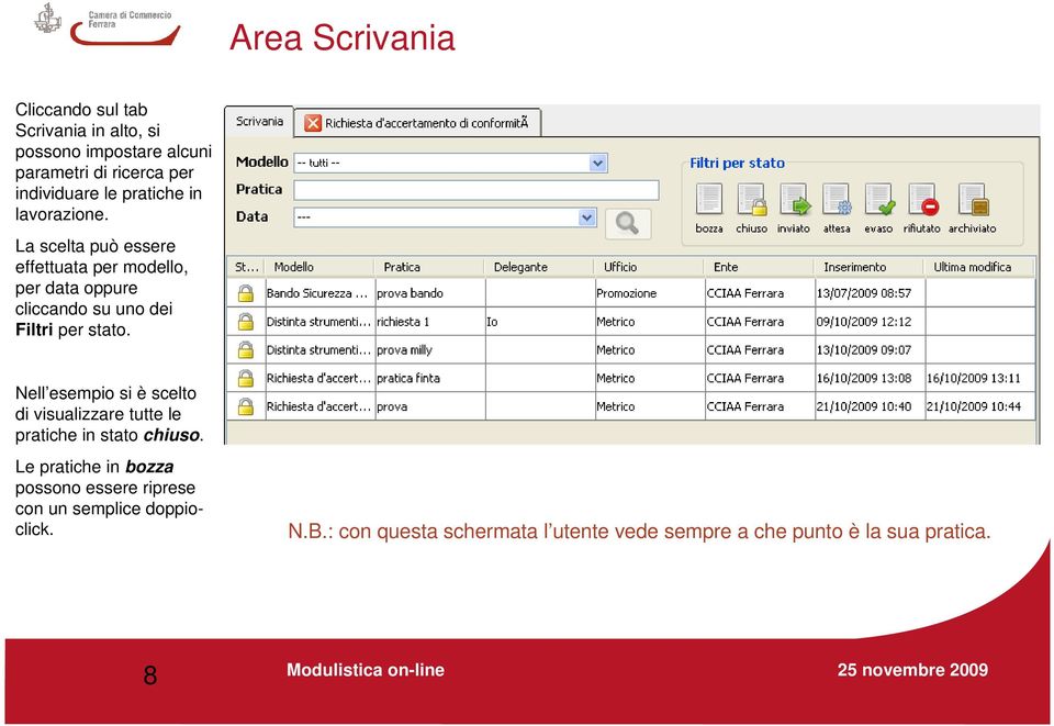 La scelta può essere effettuata per modello, per data oppure cliccando su uno dei Filtri per stato.