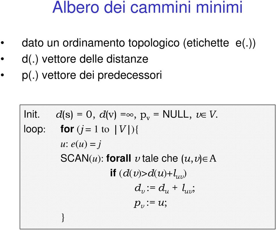 loop: d(s) =, d(v) =, p v = NULL, v V.