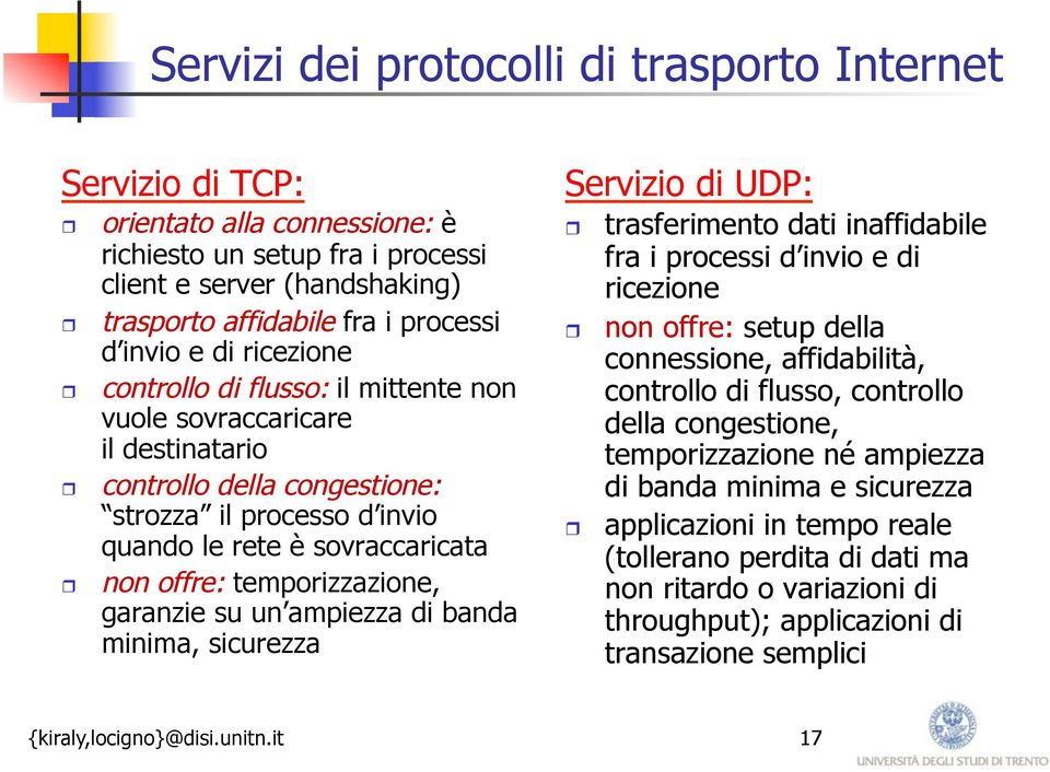 temporizzazione, garanzie su un ampiezza di banda minima, sicurezza Servizio di UDP: trasferimento dati inaffidabile fra i processi d invio e di ricezione non offre: setup della connessione,