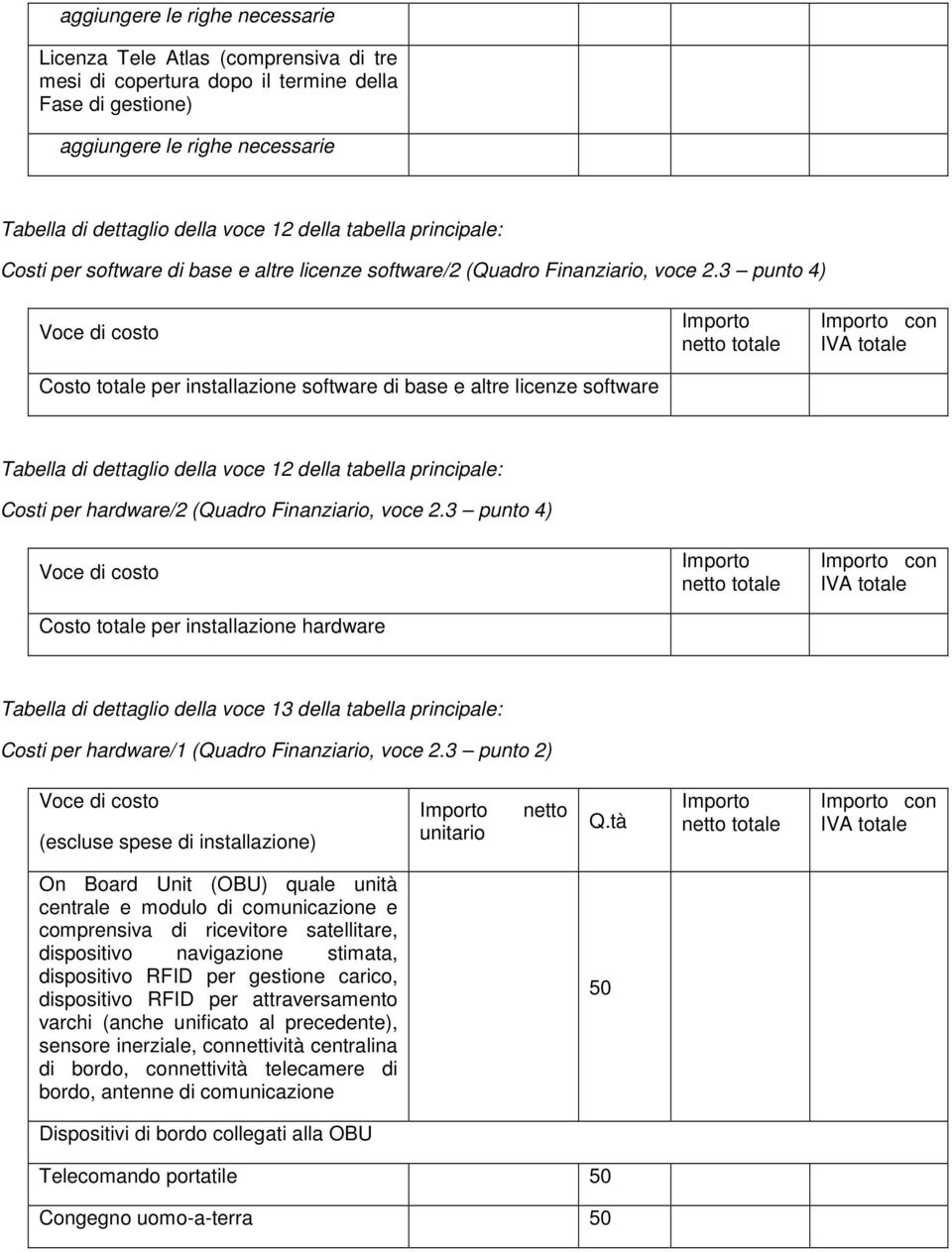 3 punto 4) Costo totale per installazione software di base e altre licenze software con Tabella di dettaglio della voce 12 della tabella principale: Costi per hardware/2 (Quadro Finanziario, voce 2.