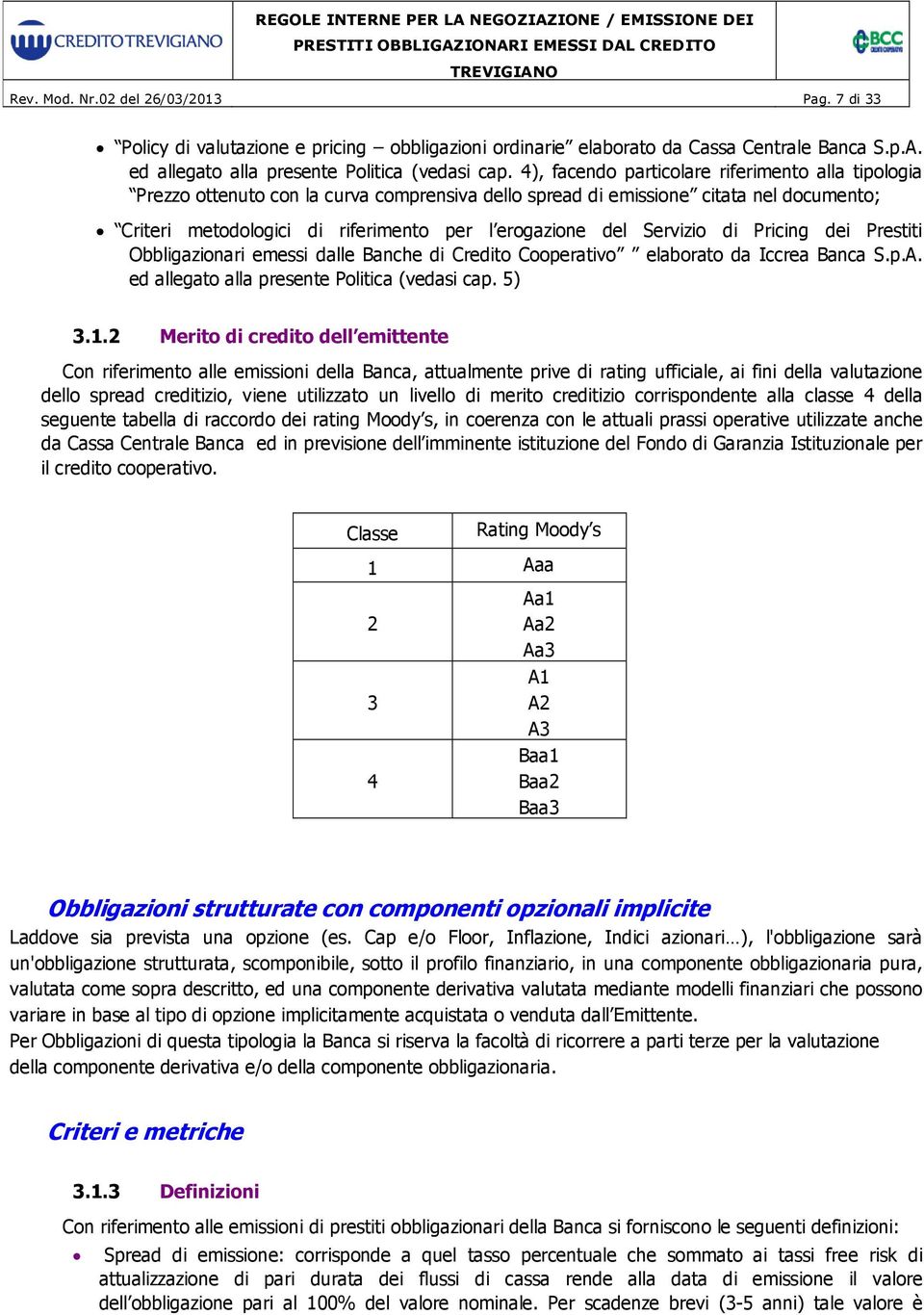 Servizio di Pricing dei Prestiti Obbligazionari emessi dalle Banche di Credito Cooperativo elaborato da Iccrea Banca S.p.A. ed allegato alla presente Politica (vedasi cap. 5) 3.1.