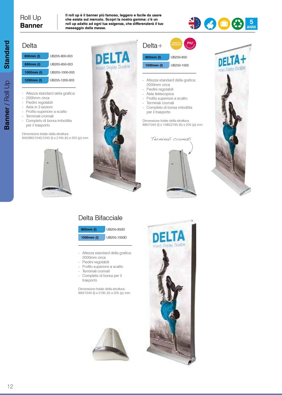 Banner / Roll Up Standard Delta 800mm (l) 850mm (l) 1000mm (l) 1200mm (l) UB205-800-003 UB205-850-003 UB205-1000-003 UB205-1200-003 Altezza standard della grafica: 2000mm circa Piedini regolabili